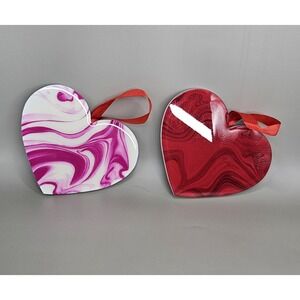 Set Of 2 Valentines Marbled Heart Ornaments 1 Red, 1 Pink W/Red Ribbon.